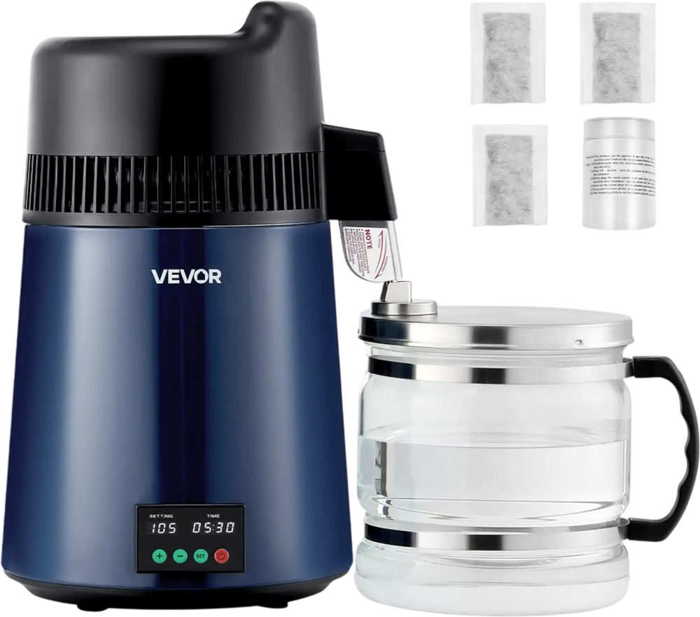 VEVOR Water Distiller, 6L 1.6 Gallon Larger Pure Water Purifier Filter For Home Table Countertop, 900W Glass Pot Distilled Maker, Stainless Steel Body Drinking Machine to Make Clean Waters, Blue-Black