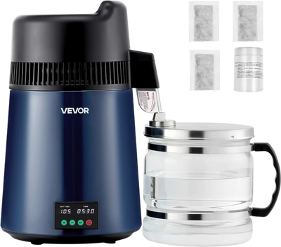 VEVOR Water Distiller, 6L 1.6 Gallon Larger Pure Water Purifier Filter For Home Table Countertop, 900W Glass Pot Distilled Maker, Stainless Steel Body Drinking Machine to Make Clean Waters, Blue-Black