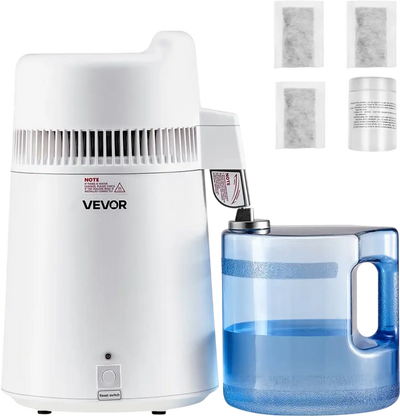 VEVOR Water Distiller, 6L 1.6 Gallon Larger Pure Water Purifier Filter For Home Table Countertop, 900W Plastic Distilled Maker, Stainless Steel Interior Drinking Machine to Make Clean Waters, White