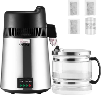 VEVOR Water Distiller, 6L 1.6 Gallon Larger Pure Water Purifier Filter For Home Table Countertop, 900W Glass Pot Distilled Maker, Stainless Steel Interior Drinking Machine to Make Clean Waters, Silver
