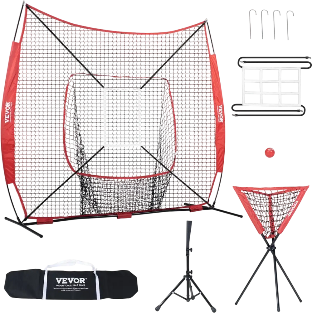VEVOR 7x7 ft Baseball Softball Practice Net, Portable Baseball Training Net for Hitting Catching Pitching, Backstop Baseball Equipment with Bow Frame, Carry Bag, Strike Zone, Ball, Tee, Ball Collector