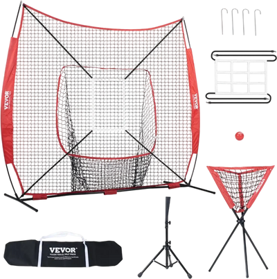 Vevor Practice Net 7' x 7' Baseball Softball Training Net with Bow Frame, Tee, Strike Zone, Ball Collector & Carry Bag New