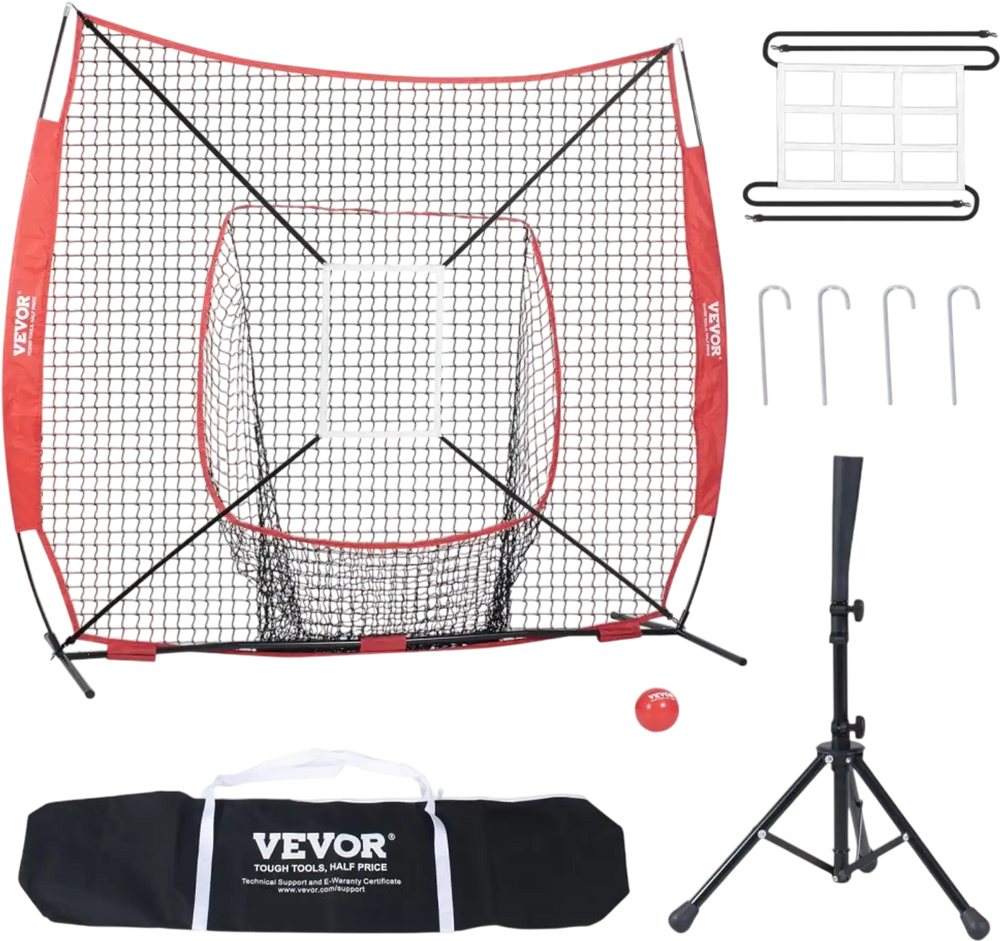 VEVOR 7x7 ft Baseball Softball Practice Net, Portable Baseball Training Net for Hitting Batting Catching Pitching, Backstop Baseball Equipment with Bow Frame, Carry Bag, Strike Zone, Ball, Batting Tee