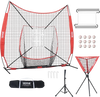 VEVOR 7x7 ft Baseball Softball Practice Net, Portable Baseball Training Net for Hitting Catching Pitching, Backstop Equipment with Bow Frame, Carry Bag, Strike Zone, 12 Balls, Tee, and Ball Collector