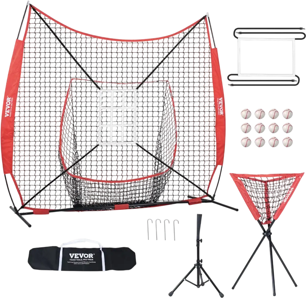 VEVOR 7x7 ft Baseball Softball Practice Net, Portable Baseball Training Net for Hitting Catching Pitching, Backstop Equipment with Bow Frame, Carry Bag, Strike Zone, 12 Balls, Tee, and Ball Collector