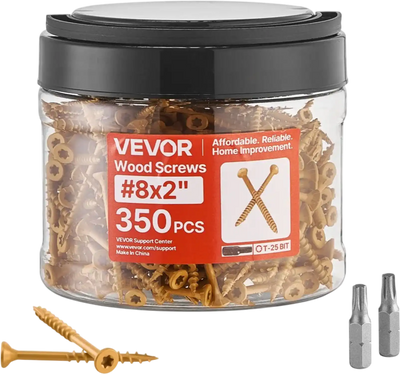 VEVOR Wood Screws 350 PCS, #8 x 2-Inch Anti-Rust Coated, Exterior Deck Screw Torx/T25 Star Drive, Metal Rust-Resistant Outdoor Decking Screws with 2 Screw Connectors, for Decking Fencing Framing