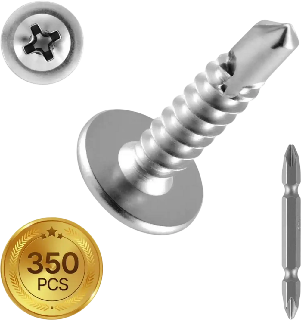 VEVOR #8 Self Drilling Wood Screws, 3/4 Inch Long 350 PCS Truss Head Wood Screws, Phillips Drive Quick Metal Self Tapping Screw, Stainless Steel and Full Thread, Screwdriver Bit Included, Silver