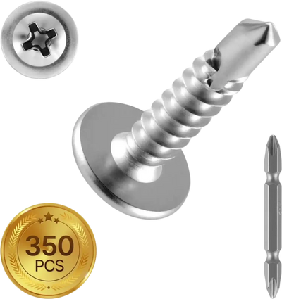 VEVOR #8 Self Drilling Wood Screws, 3/4 Inch Long 350 PCS Truss Head Wood Screws, Phillips Drive Quick Metal Self Tapping Screw, Stainless Steel and Full Thread, Screwdriver Bit Included, Silver