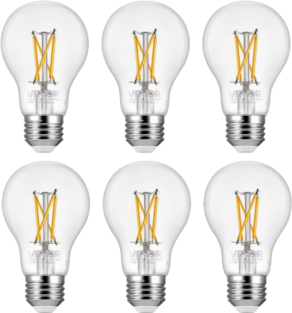 VEVOR 6 Pack Edison Bulbs LED, A19 Vintage Edison Light Bulbs, 4.5W Dimmable 450 Lumens, 2700K Warm White, E26 Base LED Filament Bulb, Antique Glass Style for Home, Bedroom, Office, Farmhouse,CRI80+