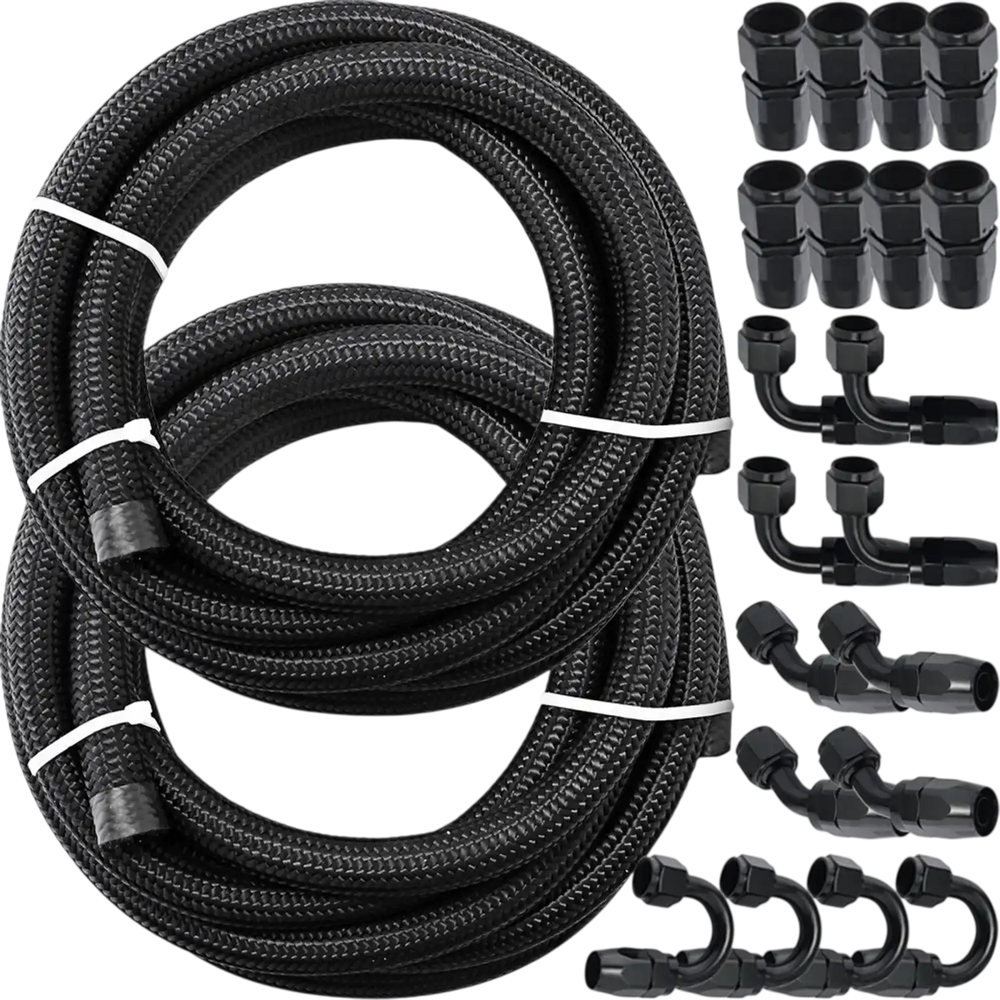 VEVOR 8AN Fuel Line Kit, 32.8' Nylon Stainless Steel Braided Oil Line Hose ID. 11.11 mm/ 0.44 in, with 20 pcs 8AN Universal Fitting Adapter Set with Aluminum Hose End, Black