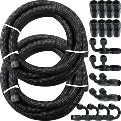 VEVOR 8AN Fuel Line Kit, 32.8' Nylon Stainless Steel Braided Oil Line Hose ID. 11.11 mm/ 0.44 in, with 20 pcs 8AN Universal Fitting Adapter Set with Aluminum Hose End, Black