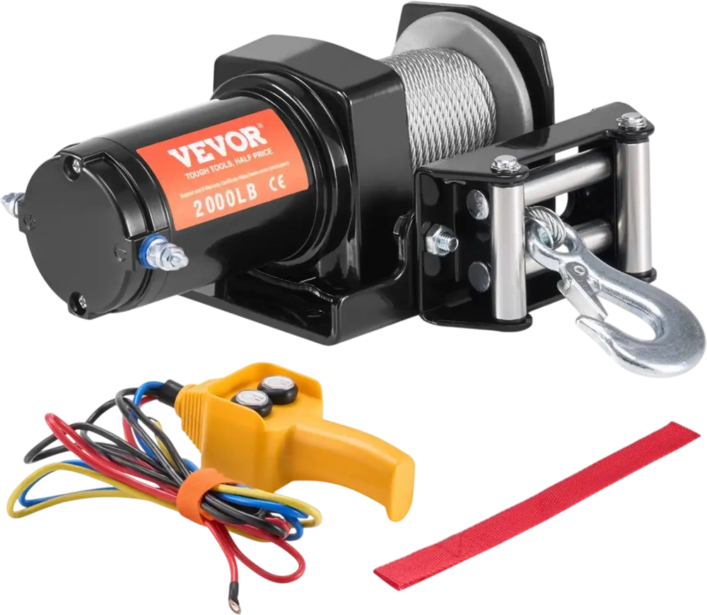 VEVOR Electric Winch, 2000 lb Line Pull Capacity, 12V DC ATV/UTV Winch with Φ5/32 in x 39 ft 7 Strands Steel Cable Roller Fairlead Wired Remote Control, IP55 Waterproof for Towing UTV ATV Off-Road