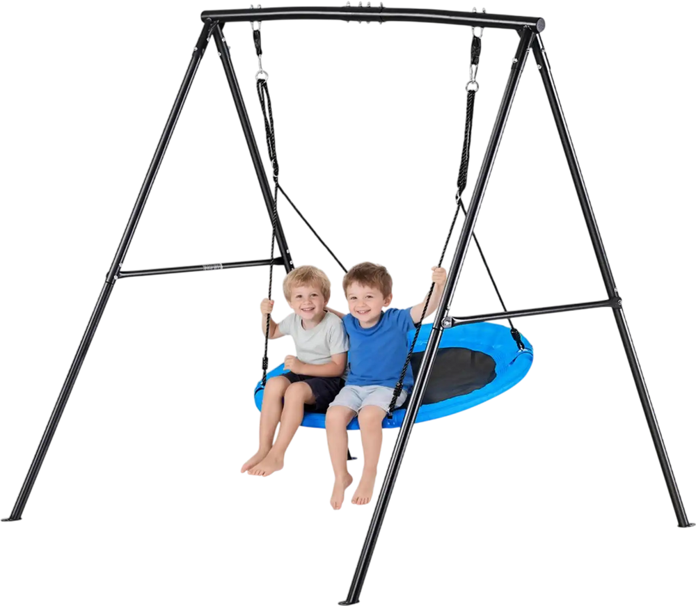VEVOR Swing Set for Backyard, 40 in Saucer Swing Seat with Heavy Duty A-Frame Metal Stand, 440 lbs Load Capacity, Reinforced with Spiral Ground Anchors, Swingset Outdoor for Kids, Black and Blue