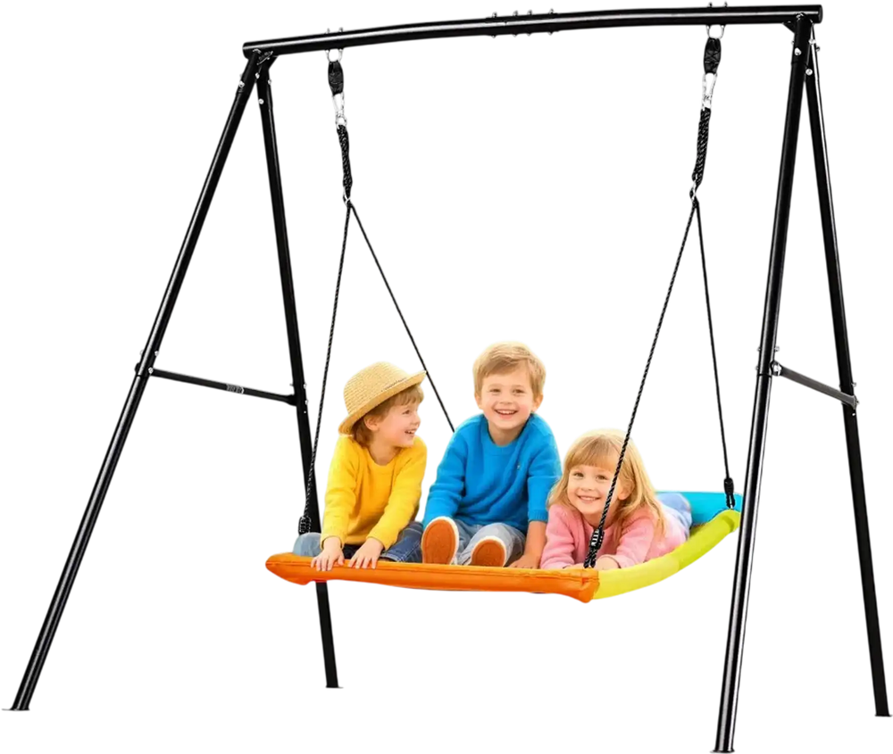 VEVOR Swing Set for Backyard, 60 x 32 in Swing Seat with Heavy Duty A-Frame Metal Stand, 440 lbs Load Capacity, Reinforced with Spiral Ground Anchors, Swingset Outdoor for Kids, Black and Colorful
