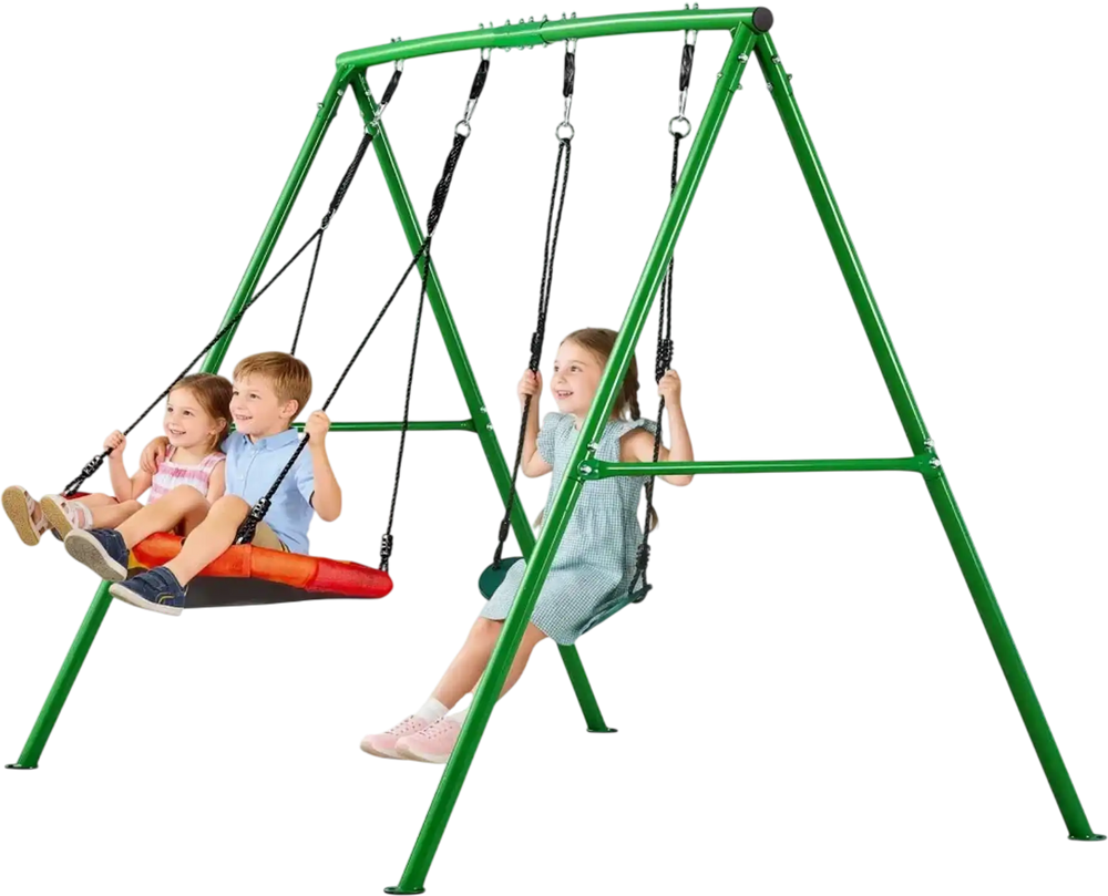 VEVOR Swing Set for Backyard, 32 in Saucer Swing Seat and Belt Seat, with Heavy Duty A-Frame Metal Stand, 440 lbs Load Capacity, Reinforced with Spiral Ground Anchors, Swingset Outdoor for Kids