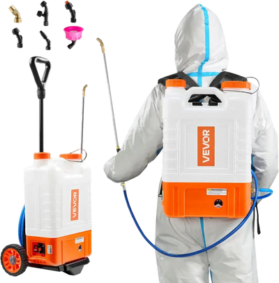 VEVOR Battery Powered Backpack Sprayer with Cart, 0-94 PSI Adjustable Pressure, 4 Gallon Tank on Wheels, with 8 Nozzles and 2 Wands, 12V 7.2Ah Battery, Wide Mouth Lid for Weeding, Spraying, Cleaning