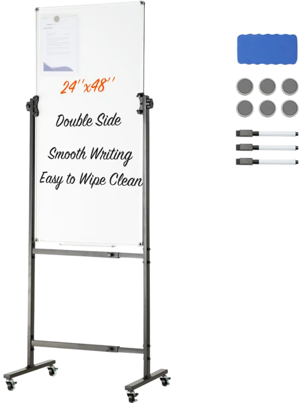 VEVOR Rolling Magnetic Whiteboard, Double-sided Mobile Whiteboard 24x48 Inches, Adjustable Height Dry Erase Board with Wheels, 1 Magnetic Erase & 3 Dry Erase Markers & Movable Tray for Office School