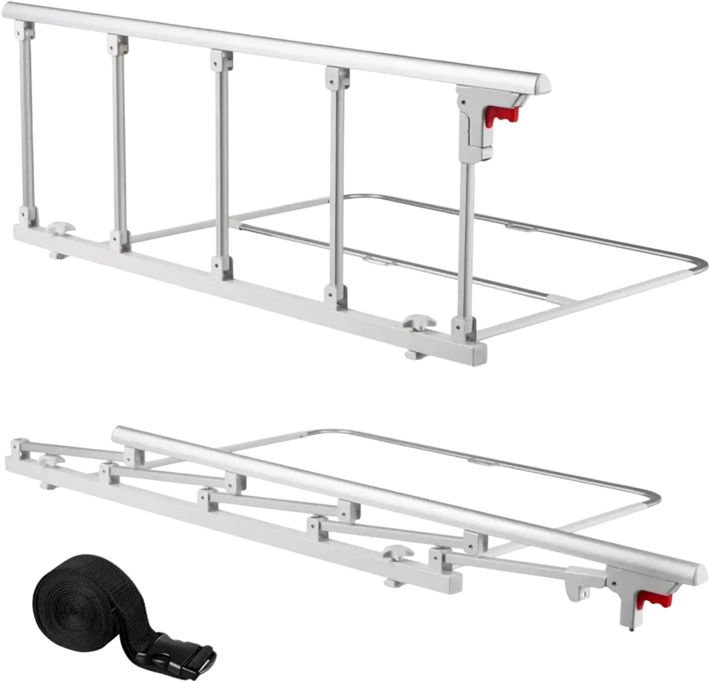 VEVOR Foldable Bed Rail for Elderly, 48 in Bedside Assist Rail with Fixing Strap, Adjustable Height Pipe Bedside Cane, High-Strength Metal Senior Bed Bar, Hand Guard Grab Fits King, Queen, Full, Twin