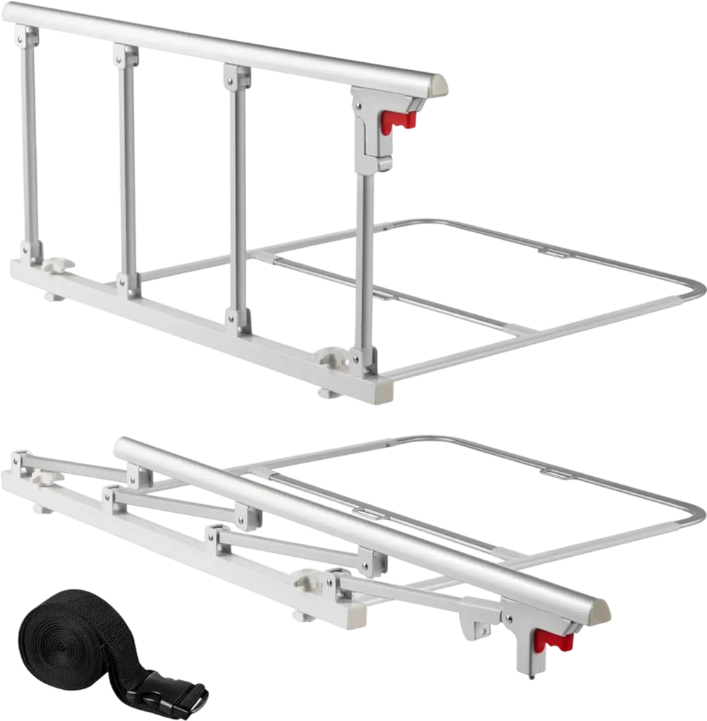 VEVOR Foldable Bed Rail for Elderly, 38 in Bedside Assist Rail with Fixing Strap, Adjustable Height Pipe Bedside Cane, High-Strength Metal Senior Bed Bar, Hand Guard Grab Fits King, Queen, Full, Twin