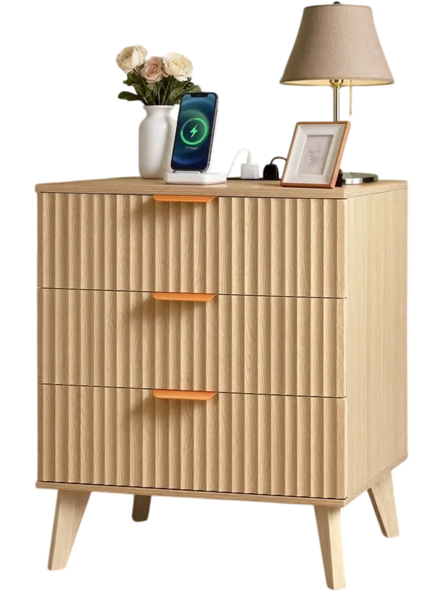 Vevor Nightstand Fluted 3-Drawer Charging Station End Table Khaki New