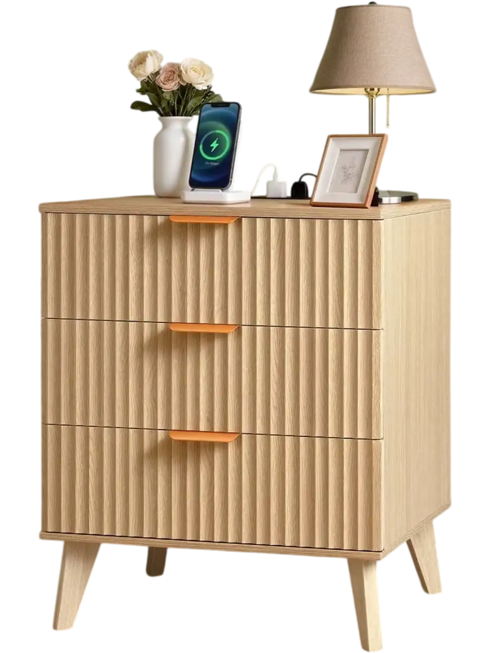 VEVOR Fluted Nightstand with Charging Station, with 3 Drawers, Dresser for Bedroom, Mid Century Modern End Table, Bedside Storage Cabinet Side Table Chest of Dresser, for Bedroom, Living Room, Khaki