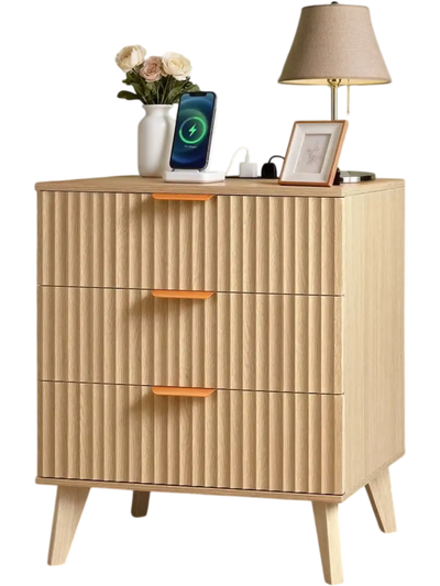 Vevor Nightstand Fluted 3-Drawer Charging Station End Table Khaki New