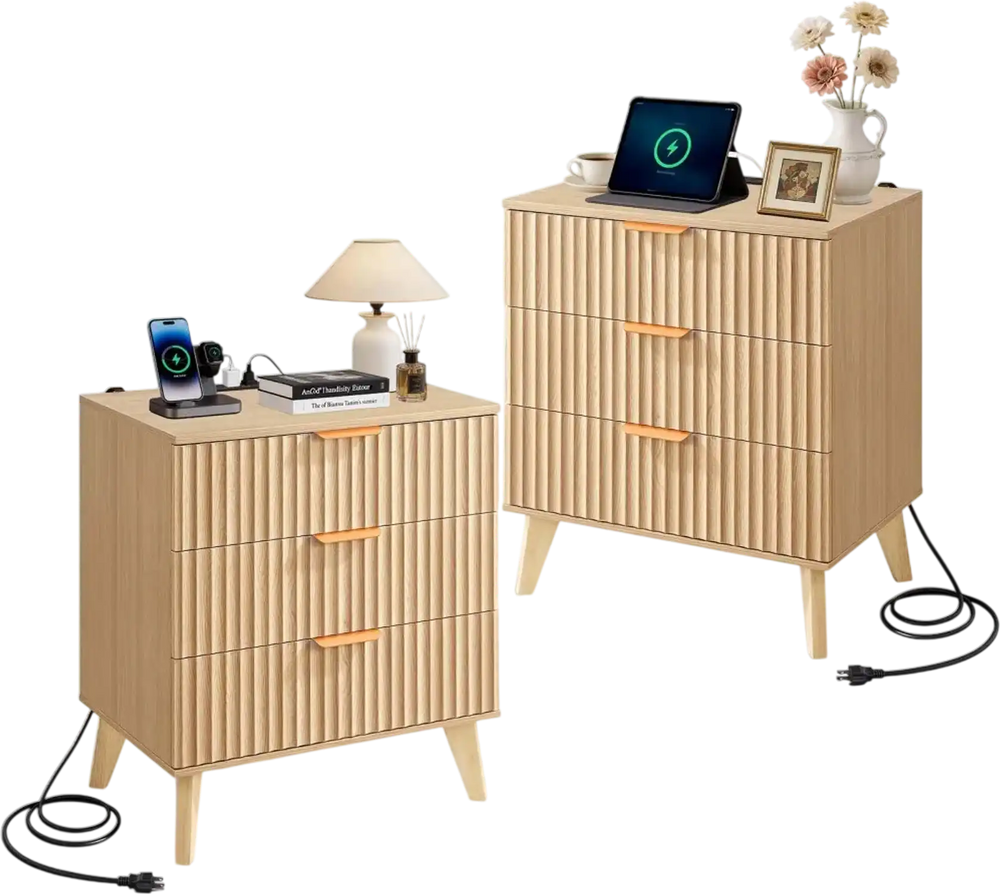 VEVOR Fluted Nightstands with Charging Station, Set of 2, Dresser for Bedroom with 3 Drawers, Mid Century Modern End Table, Bedside Cabinet Side Table Chest of Dresser, for Bedroom, Living Room, Khaki