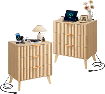 Vevor Nightstand Fluted Charging Station 3-Drawer Set of 2 Khaki New