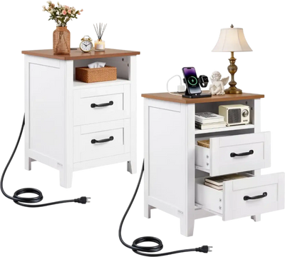 VEVOR Farmhouse Nightstands, with Charging Station, Set of 2, End Tables with 2 Drawers and Open Shelf, Bedside Storage Cabinets, Rustic Side Tables with USB Port, for Bedroom, Living Room, White