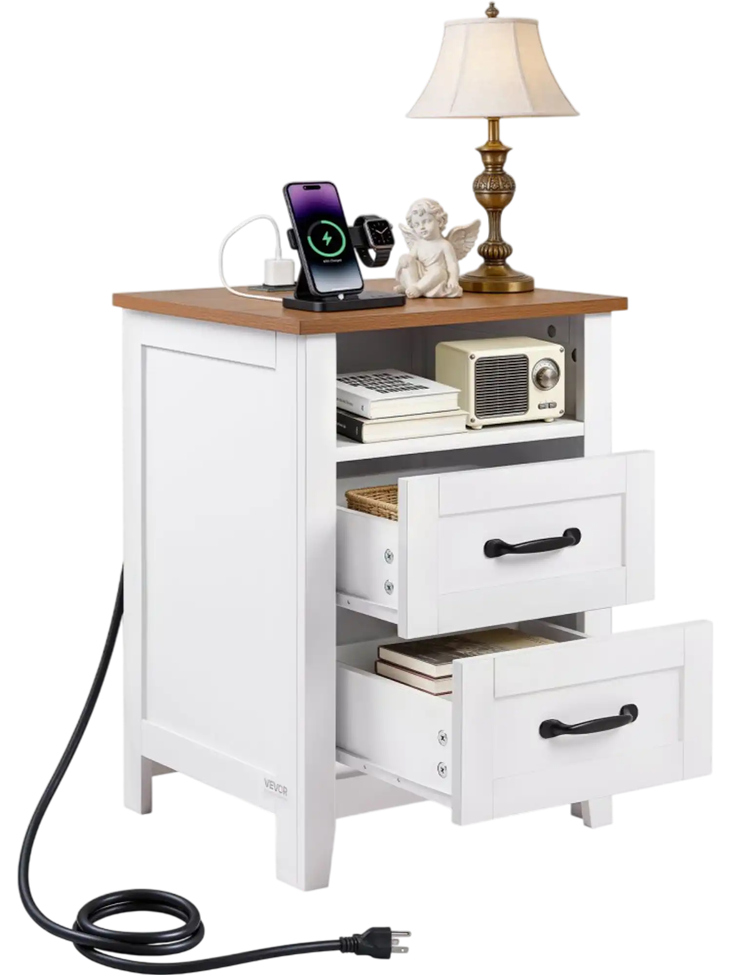 Vevor Nightstand Farmhouse End Table with Charging Station 2 Drawers Open Shelf White New