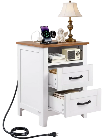 VEVOR Farmhouse Nightstand, with Charging Station, End Table with 2 Drawers and Open Shelf, Bedside Storage Cabinet, Rustic Side Table with USB Port and AC Outlets, for Bedroom, Living Room, White