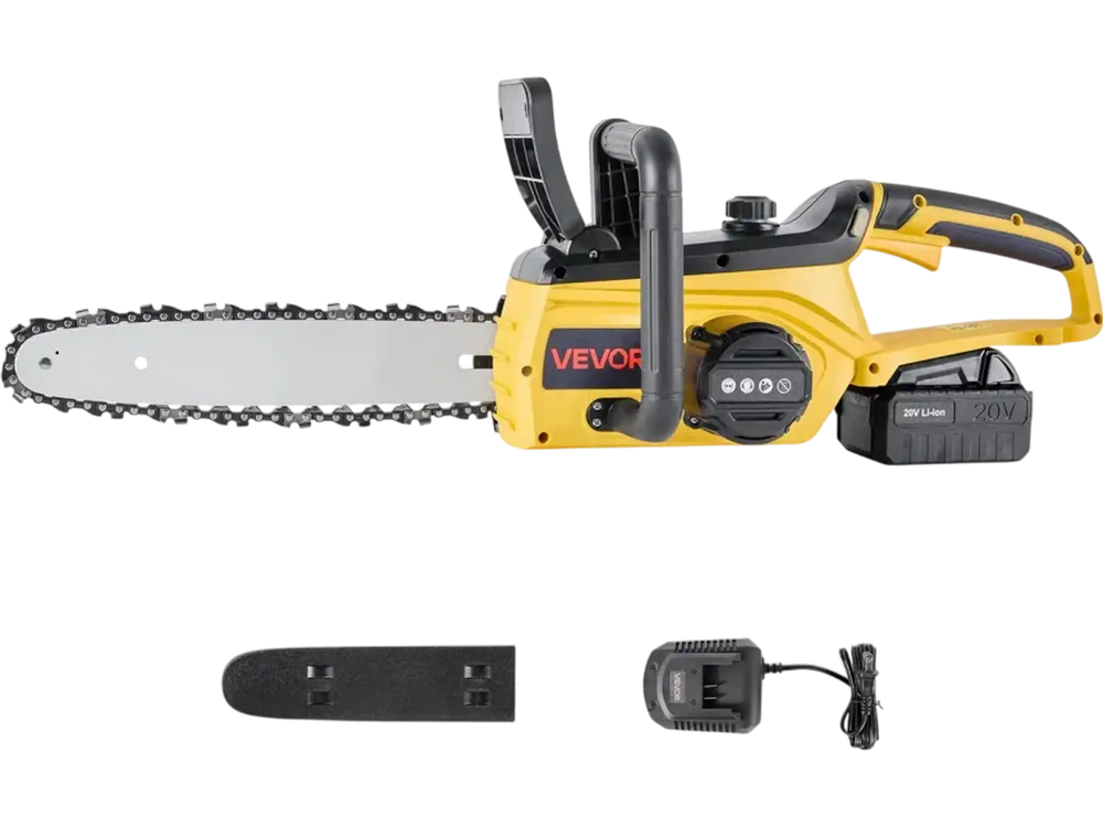 VEVOR Cordless Chainsaw, 20V 12-Inch Brushless Chainsaw Battery Powered, 4.0Ah Battery and Rapid Charger Included, Handheld Electric Chain Saw for Tree Felling, Wood Cutting, Pruning, and Trimming