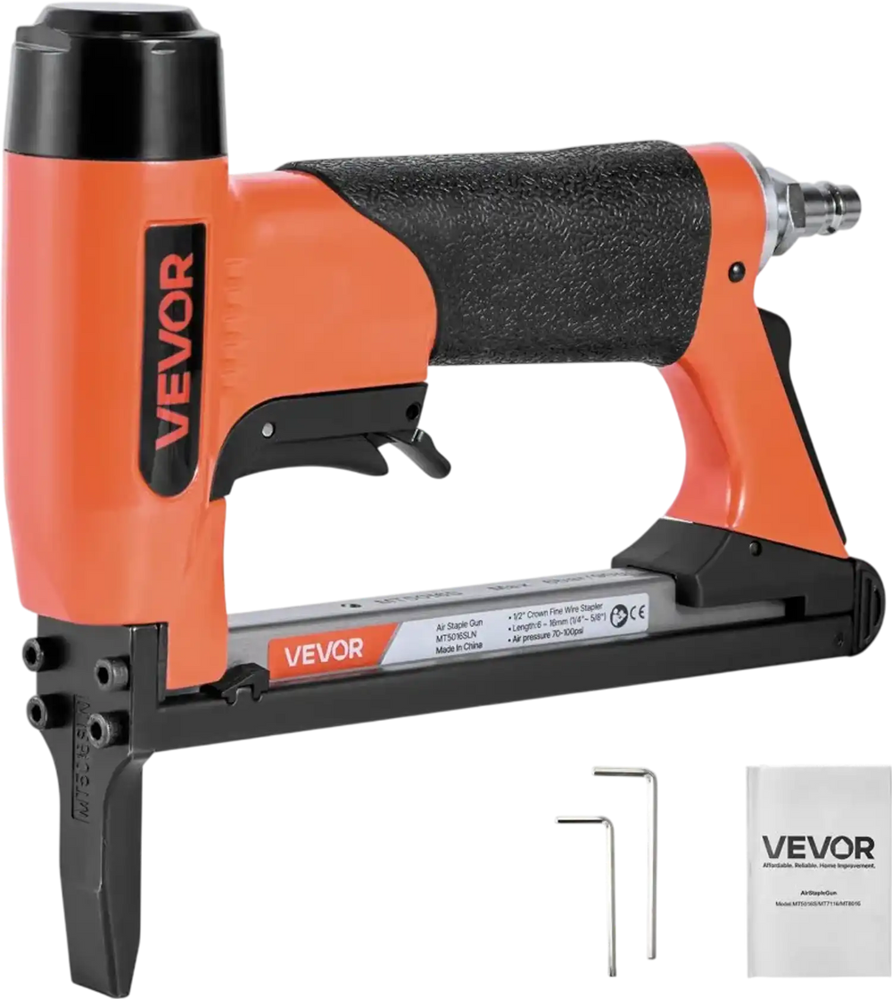 VEVOR Pneumatic Staple Gun, 20 Gauge Long-Nose Upholstery Stapler for 50 Series Fine Wire Staples 1/2-inch Crown 1/4"-5/8" Length, Max 110PCS Loading Air Staple Gun for Upholstering, Woodworking, DIY