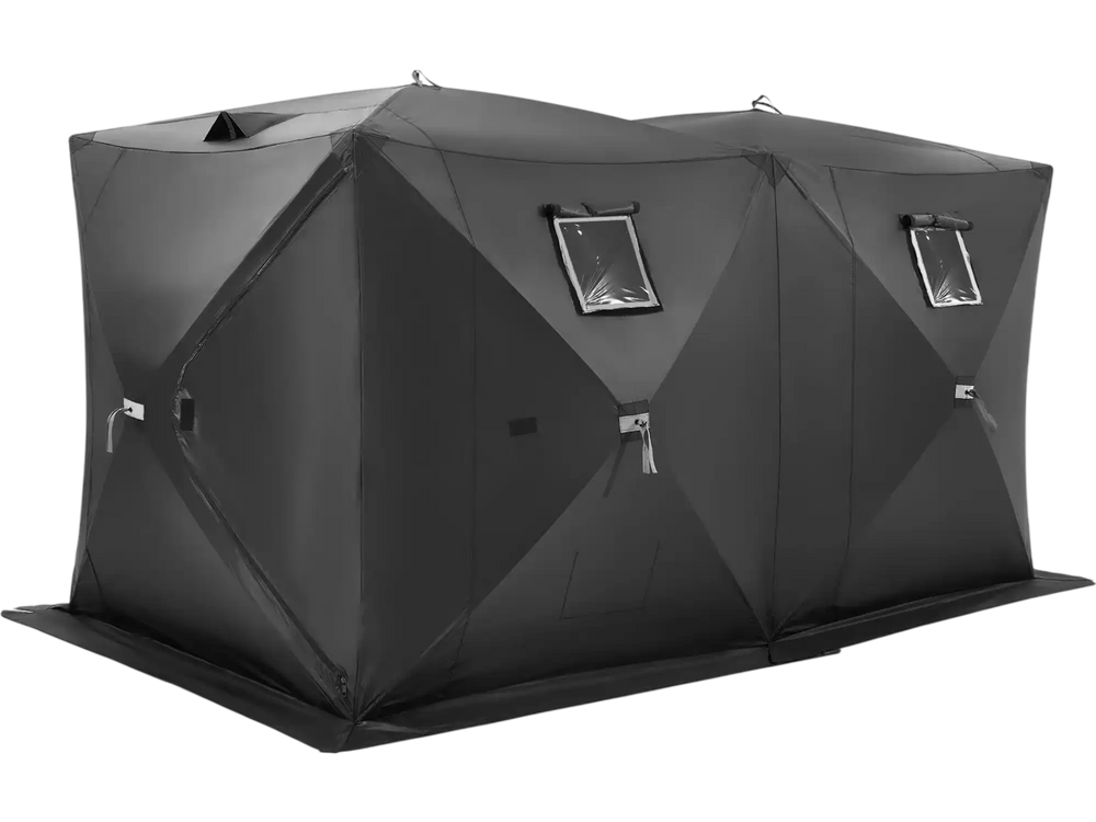 VEVOR Portable Ice Shelter, 6-8 Person Pop-Up Ice Fishing Tent, 70 Square Feet Fishable Area, Ice Shanty for Winter Fishing, Waterproof Oxford Ice Cube with Anchors/Ropes/Carrying Bag, 142"x71" Black