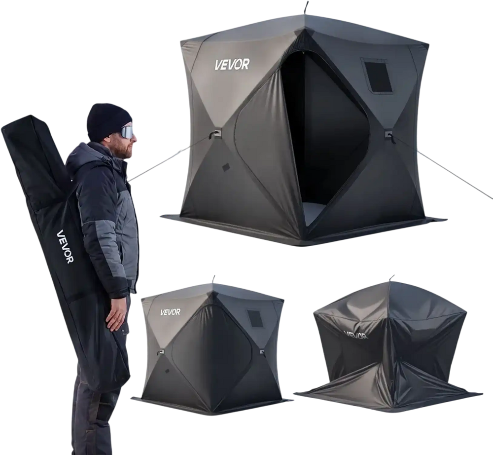 VEVOR Pop Up Ice Fishing Tent 3-4 Person 90 x 90 x 77 in Portable Shelter, for Winter Fishing, 58 sq ft Area, 300D Oxford Fabric Hub-Style Shanty, Ice Cube with Anchors, Ropes, Carrying Bag, Black