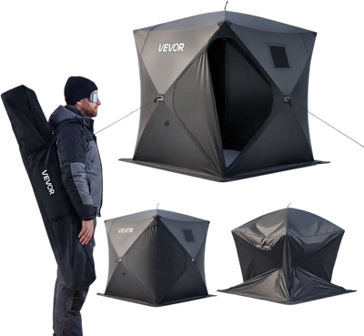 VEVOR Pop Up Ice Fishing Tent 3-4 Person 90 x 90 x 77 in Portable Shelter, for Winter Fishing, 58 sq ft Area, 300D Oxford Fabric Hub-Style Shanty, Ice Cube with Anchors, Ropes, Carrying Bag, Black