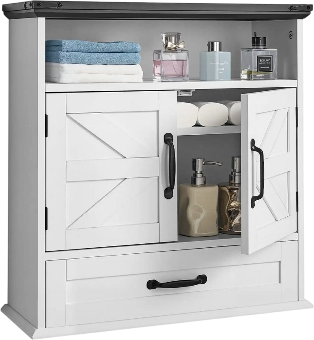 VEVOR Bathroom Wall Cabinet, 2 Doors & Adjustable Shelf, Over the Toilet Storage Medicine Cabinet Wall Mounted, Hanging Organizer with Drawer & Open Partition for Laundry Room Kitchen Restroom, White