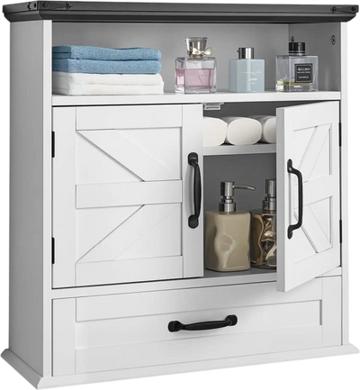 VEVOR Bathroom Wall Cabinet, 2 Doors & Adjustable Shelf, Over the Toilet Storage Medicine Cabinet Wall Mounted, Hanging Organizer with Drawer & Open Partition for Laundry Room Kitchen Restroom, White