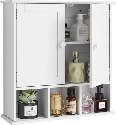 VEVOR Bathroom Wall Cabinet, 2 Doors & Adjustable Shelf, Over the Toilet Storage Medicine Cabinet Wall Mounted, Hanging Organizer with Shelves & Open Partition for Laundry Room Kitchen Restroom, White