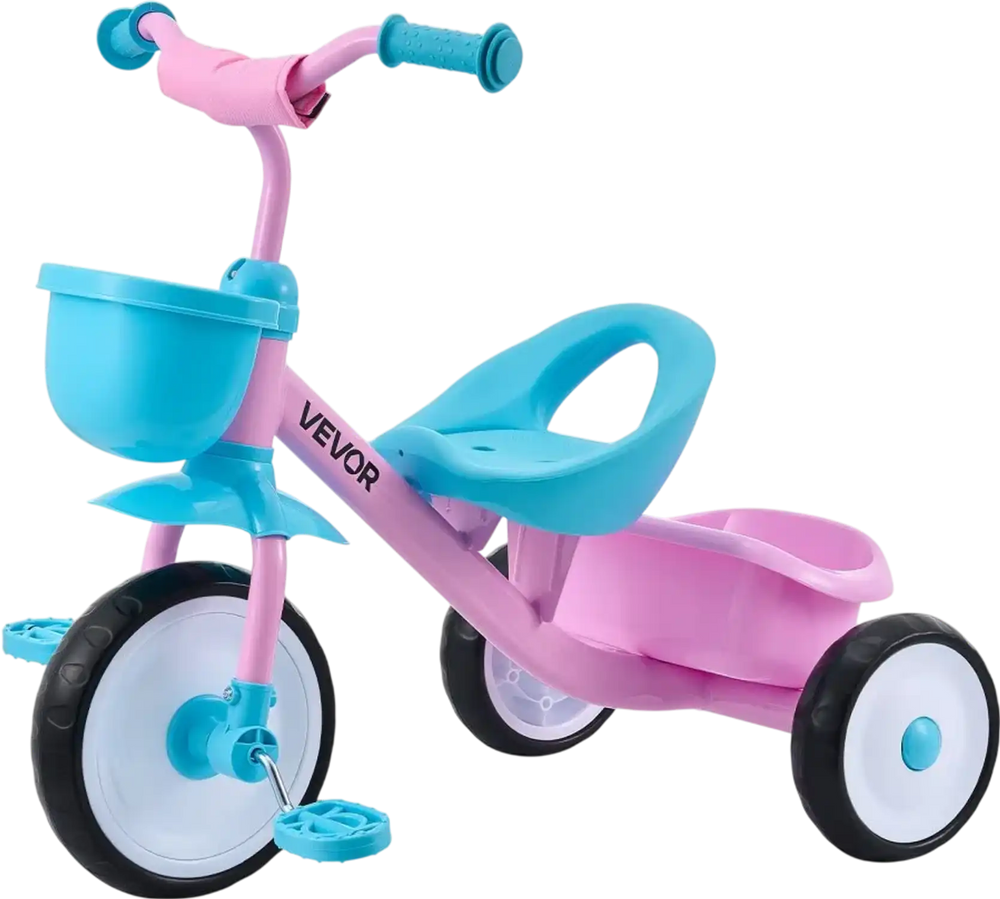 VEVOR Toddler Tricycle for 2-5 Year Old, Kids Trike with Adjustable Seat, Storage Basket, Carbon Steel Frame, Handlebar Grips for Outdoor Play, Tricycle for Toddlers, Birthday Toy for Boys and Girls