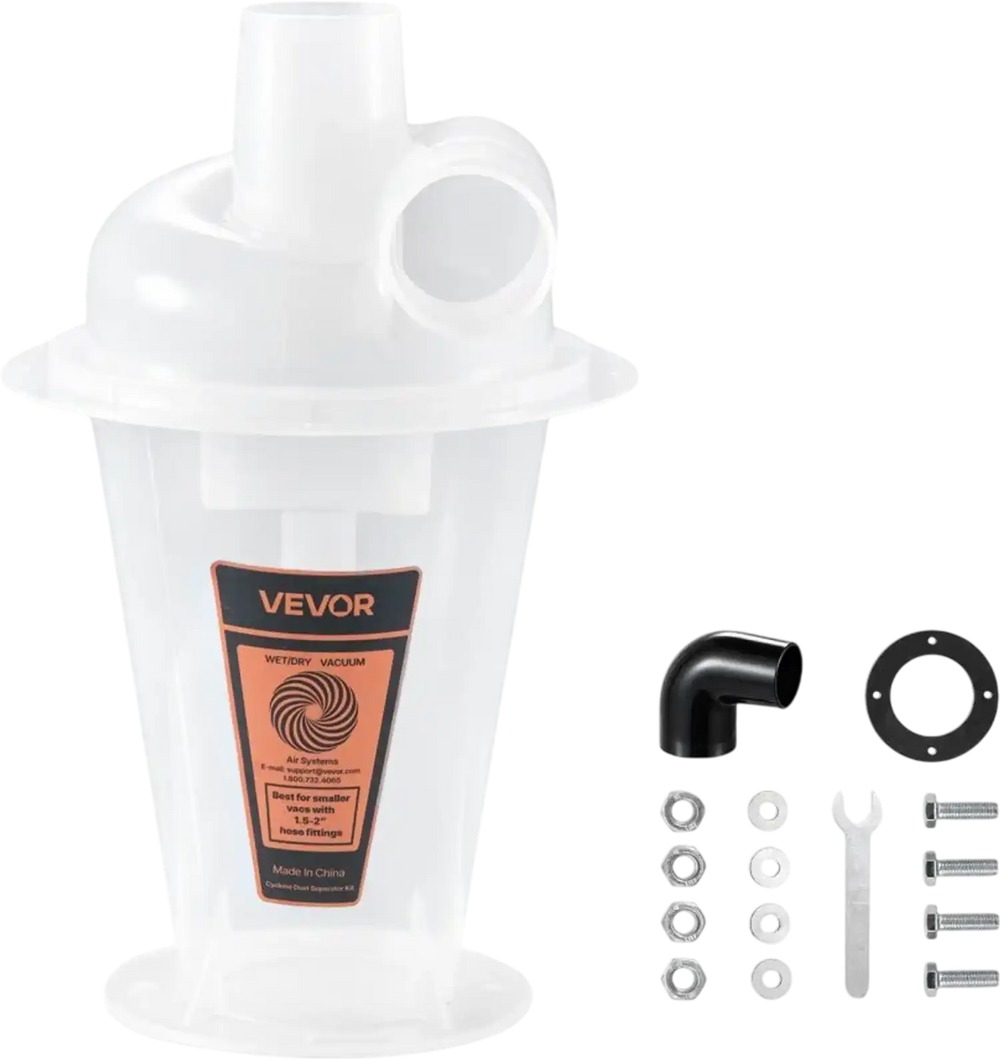 VEVOR Cyclone Dust Separator Kit, 2 inch O.D. Dust Collector Translucent PP, Great for Woodworking and Shop Wet/Dry Vacuums, Fits Various Buckets (Exclude), with Elbow Adapter, Hardware, Sealing Pad