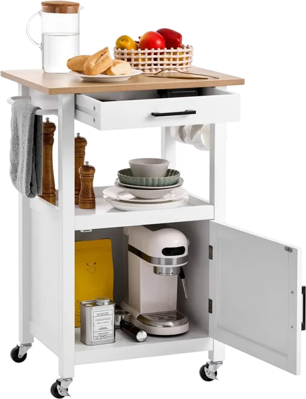 VEVOR Kitchen Island Cart with Single Door Cabinet, Mobile Carts with Drawer, Towel Rack, Hooks, Portable Table on Swivel Wheels, Small Coffee Islands Microwave Stand for Dining Room, 18x23 in, White