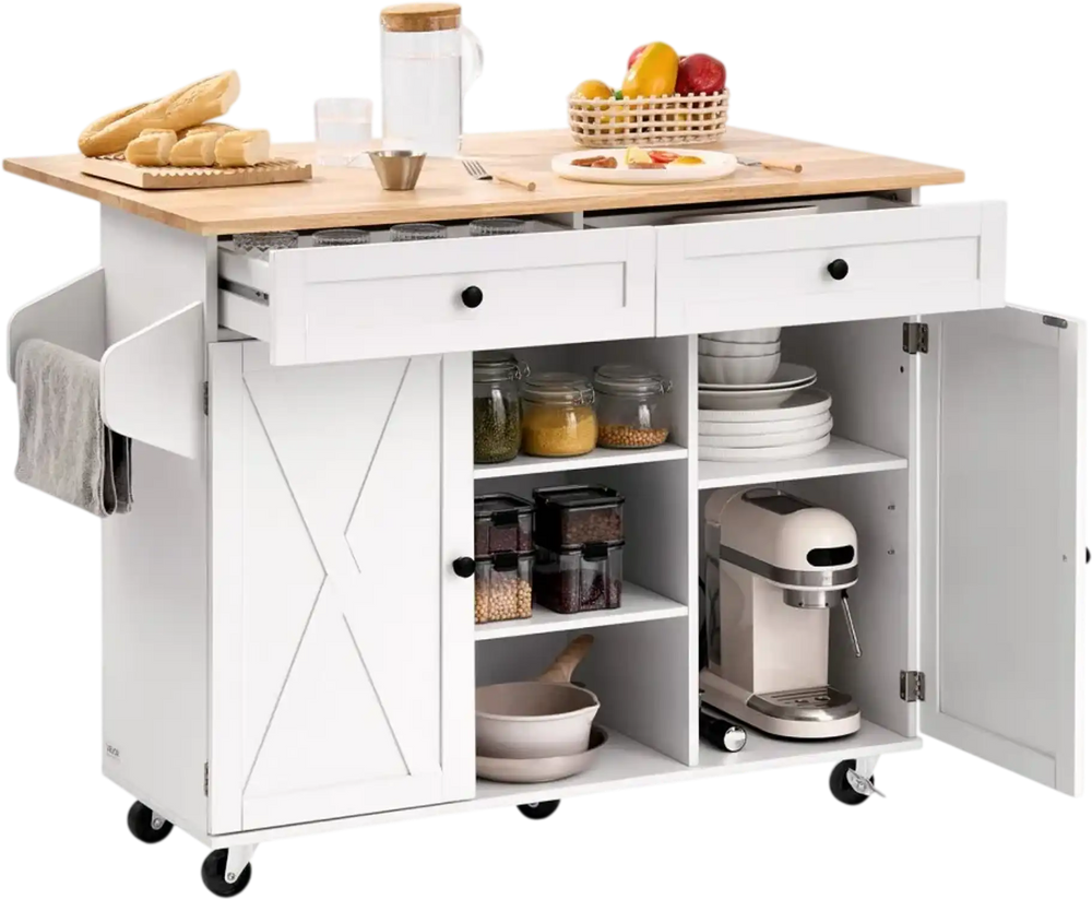 VEVOR Kitchen Island Cart, with Solid Wood Top and Storage Cabinet, Mobile Rolling Table with Drop Leaf, Drawers, Spice Towel Rack, Portable Islands on Swivel Wheels for Dining Room, 52in Width, White