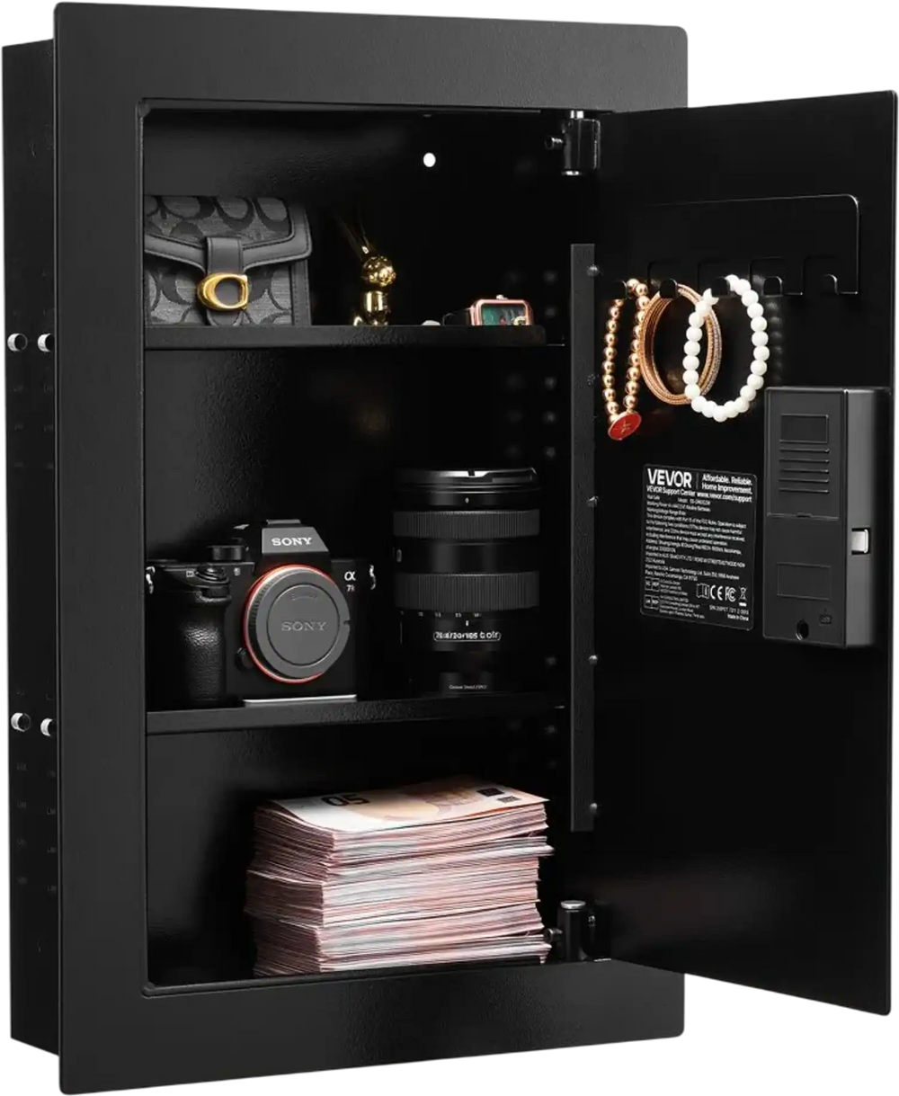VEVOR Wall Safe, 3-Tier Hidden Wall Safe with Fingerprint, Password, Key & Turning Knob, Q235 Cold-Rolled Steel In-Wall Box with Adjustable Shelves & Key Holders for Money, Jewelry, Passport, Document