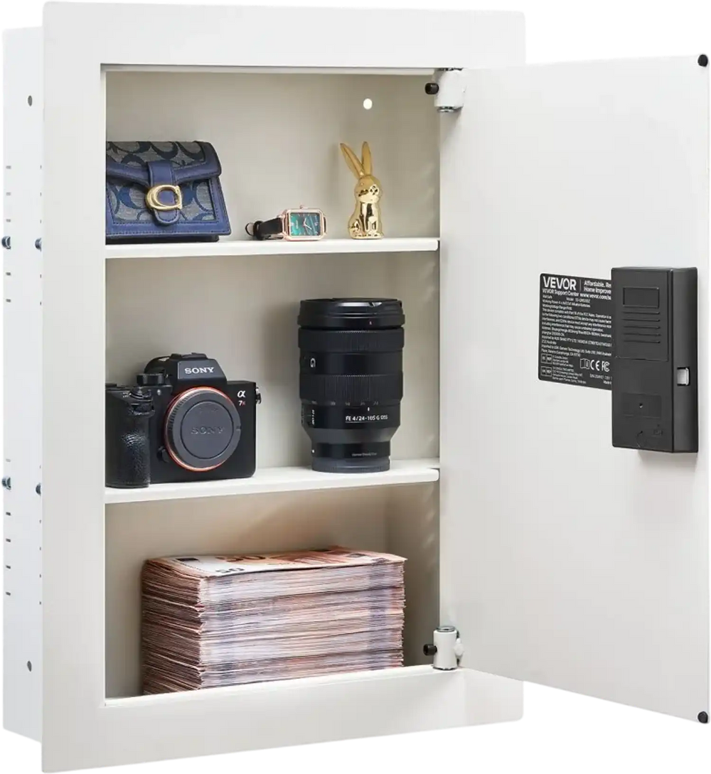VEVOR 0.83 sq.ft Wall Safe, 3-Tier Hidden Wall Safe with Password, Key & Turning Knob, Q235 Cold-Rolled Steel In-Wall Box with Adjustable Shelves & Mounting Holes for Money, Jewelry, Passport, White