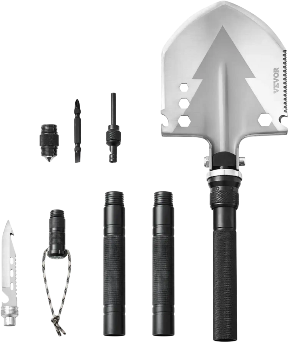 VEVOR Survival Shovel, 11 in 1 Camping Shovel Folding Multitool, Military Grade Portable Compact Tactical Shovel, Multifunction for Off-Roading, Camping, Hiking, Outdoor, Survivalist and Emergency