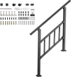 VEVOR Handrails for Outdoor Steps, 2-3 Step Stair Hand Rail Kit, Black, Flat Tube Stair Rails with Crossbar, for Seniors, Concrete Steps, Porch & Deck, Galvanized Steel Railings w/ Installation Kit