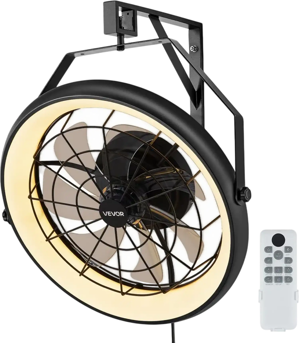 VEVOR Wall Mounted Fan with Lights, 22 inch Wall Mount Fan with Remote, 6 Speeds Plug in Wall Fan, Reversible, Dimmable 3-color Lighting, Timer, 360°Adjustable Tilt for Workshop, Patio, Home