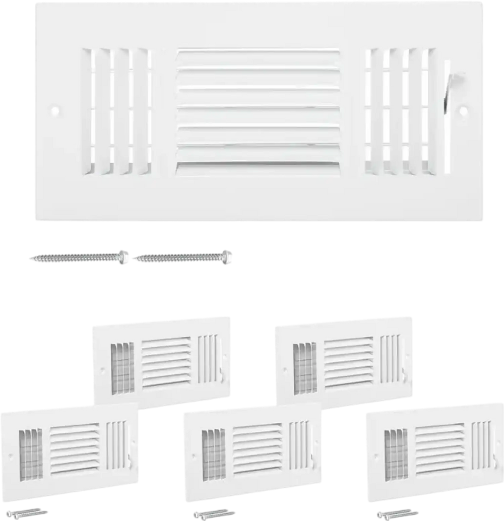 VEVOR 4 x 10 Inch Floor Registers, 6-Pack Floor Vents, HVAC 3-Direction Iron Vent Grilles for Home/Office Wall & Ceiling, Rustproof Anti-Peeling Air Vents Deflector Adjustable with Metal Damper, White