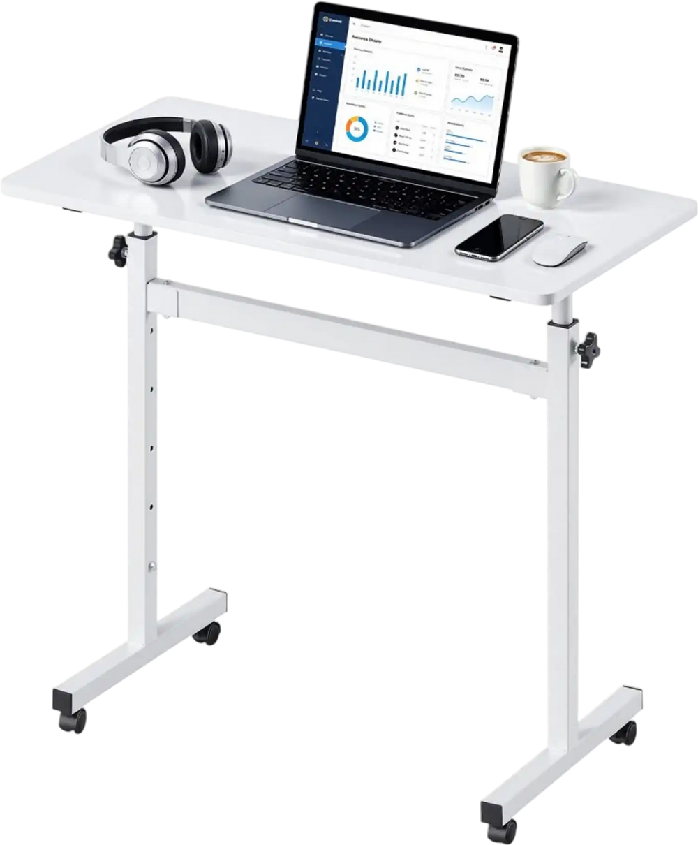 VEVOR Standing Desk, Adjustable Height Mobile Stand Up Desk with Lockable Casters, 32 x 16 in Small Computer Sit Stand Rolling Workstation with Hook, 55.1 lbs Desktop Capacity, for Home Office, White